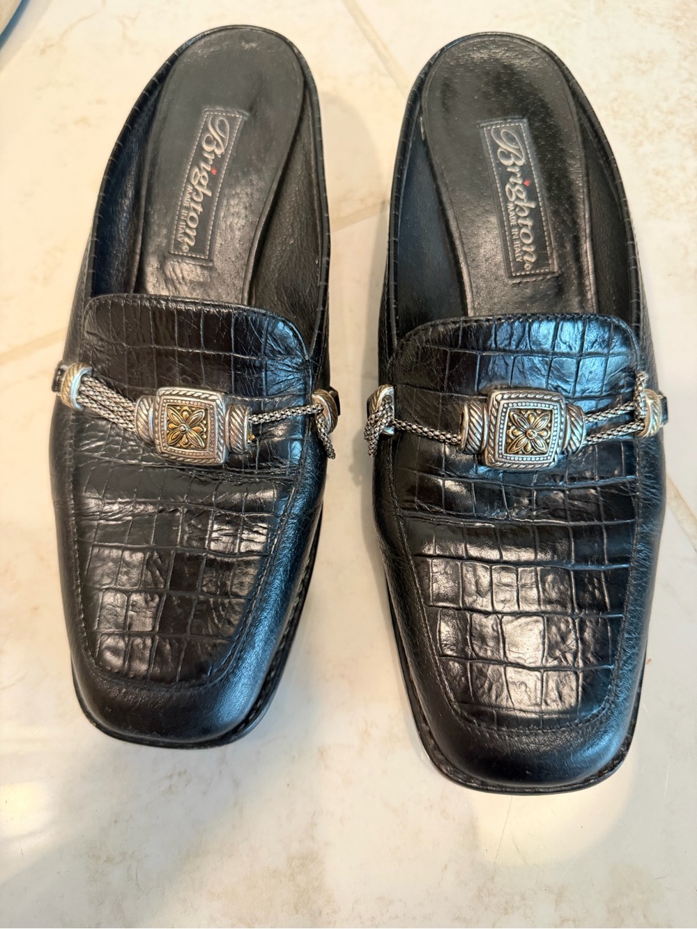 Brighton Sierra Black Croc-Embossed Slip-On Loafers with Mixed Metal Hardware